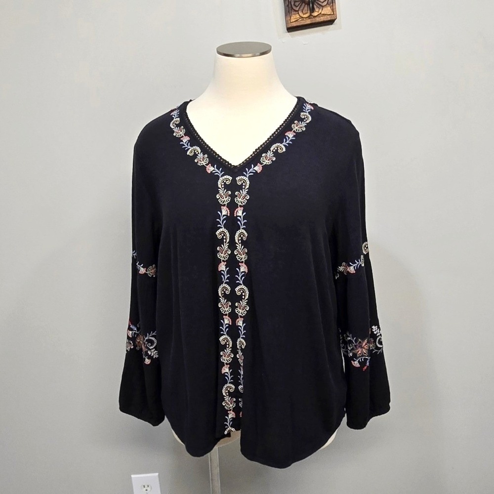 J Jill Embroidered Peasant Top Plus Size 3X Black Boho Cottagecore Romantic Folk